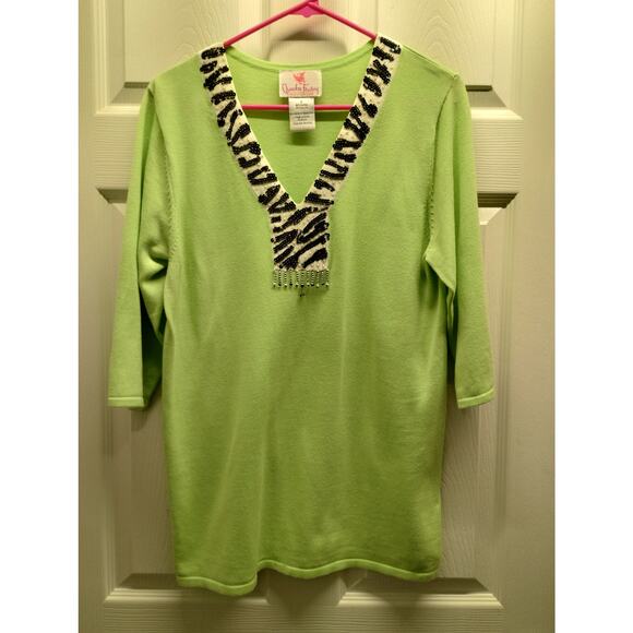 Quacker Factory QVC Women's Size Small Green Sweater Sequin & Bead Neckline - Picture 1 of 6